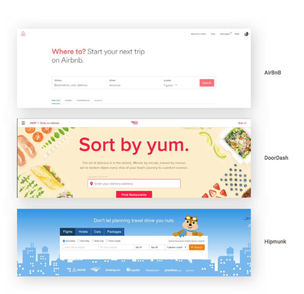 Online checkout interface for Airbnb, DoorDash and Hipmunk