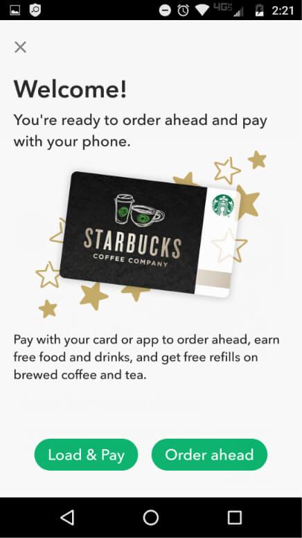 Starbucks welcome and payment page on mobile app