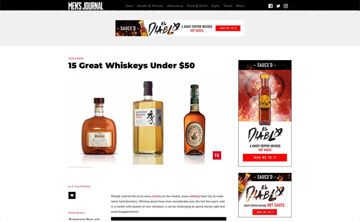 Men's Journal article for whiskey with El Diablo hot sauce banner ad