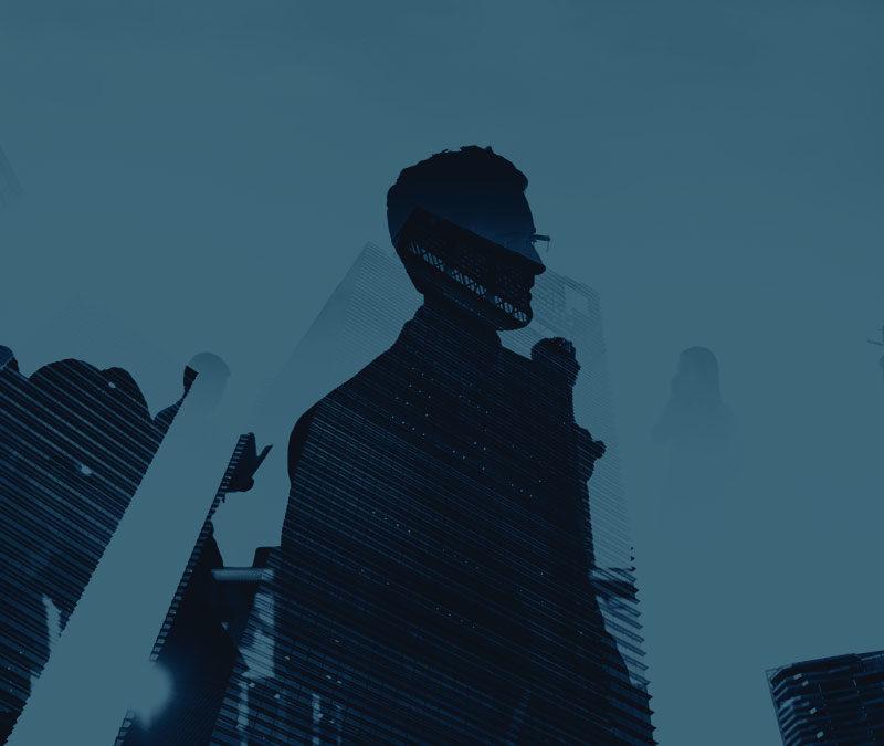 Graphic of people standing in city skyline