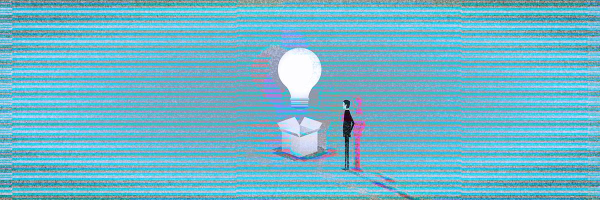 Blue textured graphic of man looking at box with giant lightbulb