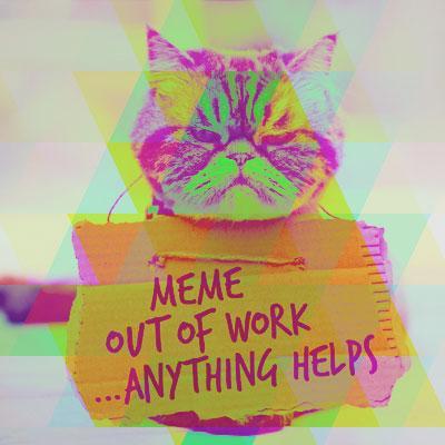 Grumpy cat holding sign with text: "Meme out of Work... anything helps