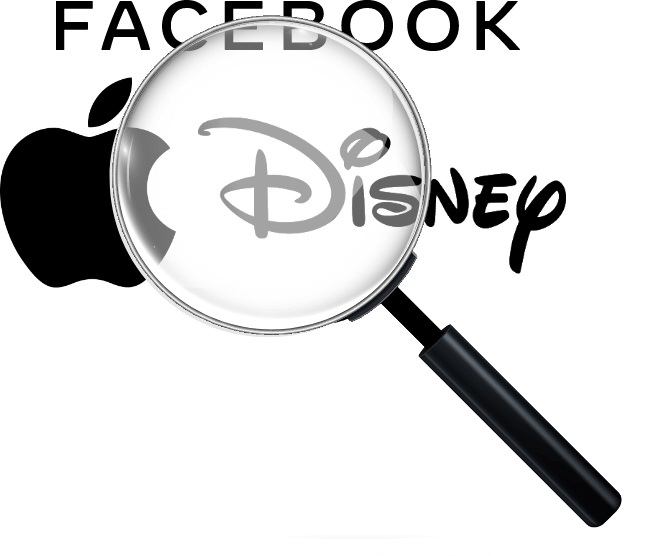 Magnifying glass highlighting Disney, Apple and Facebook