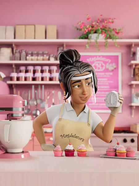 Animated woman in pink bakery holding up baking timer