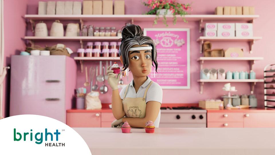 Animated woman in pink bakery holding up cupcake