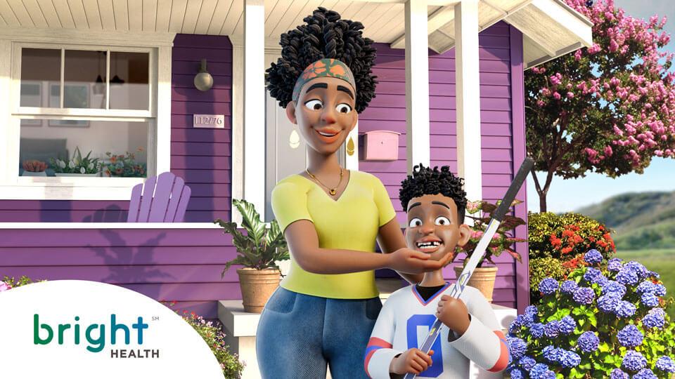Animated black mother and son smiling to camera in front of purple