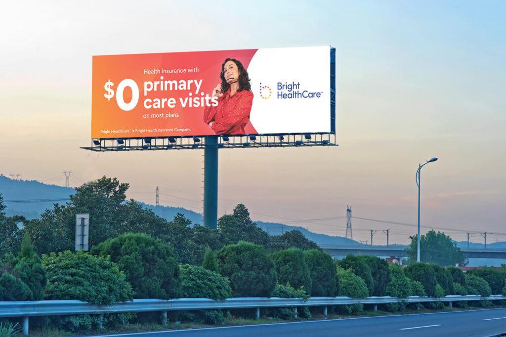 Bright Health Care outdoor billboard displaying message for $0 primary care visits.