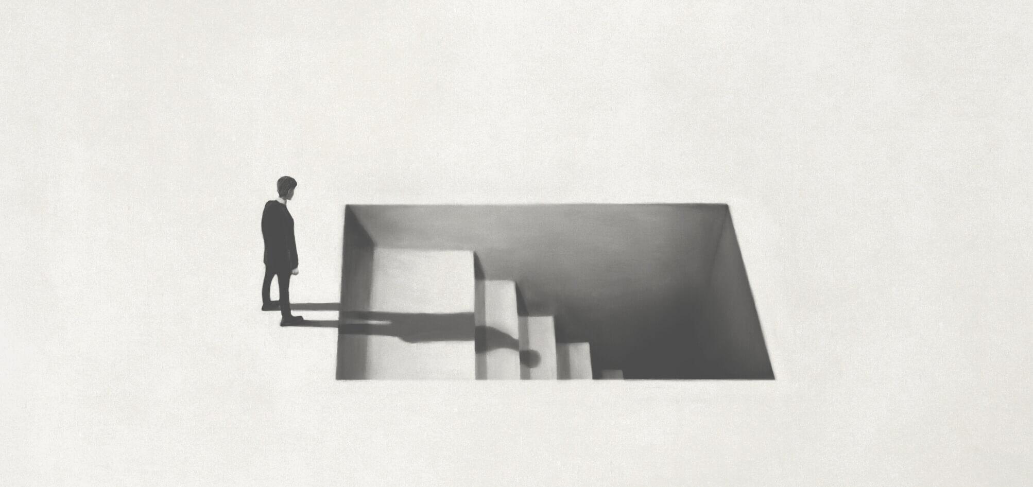 Graphic of man standing in front of stairs