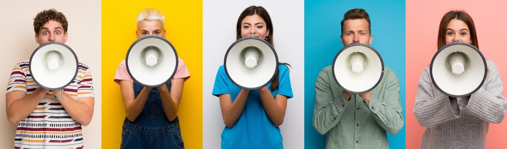 Grid of individuals holding megaphones in front of multi-color backgrounds