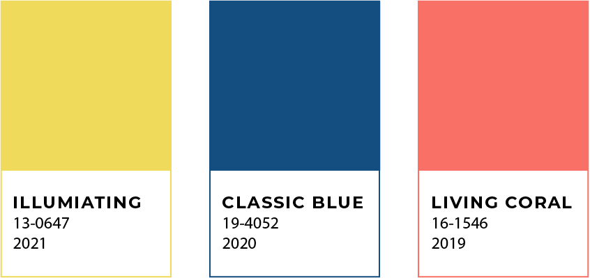 Grid of Pantone's past Color of the Year selections
