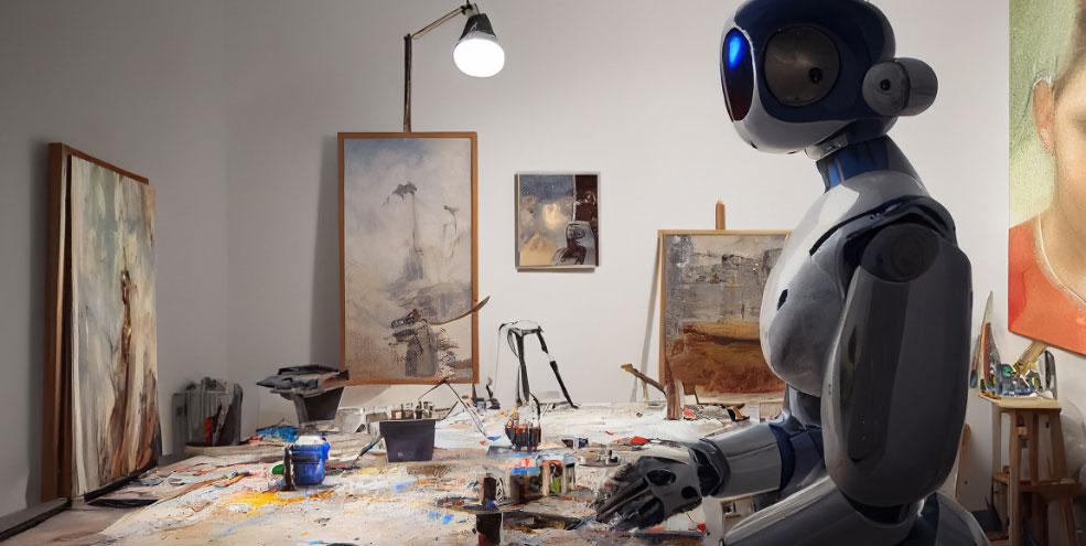 Robot sitting at art table with paints image