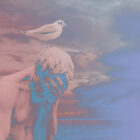 Colorized image of male statue with bird on his head