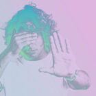 Colorized image of man covering eyes and hand in a stop signal
