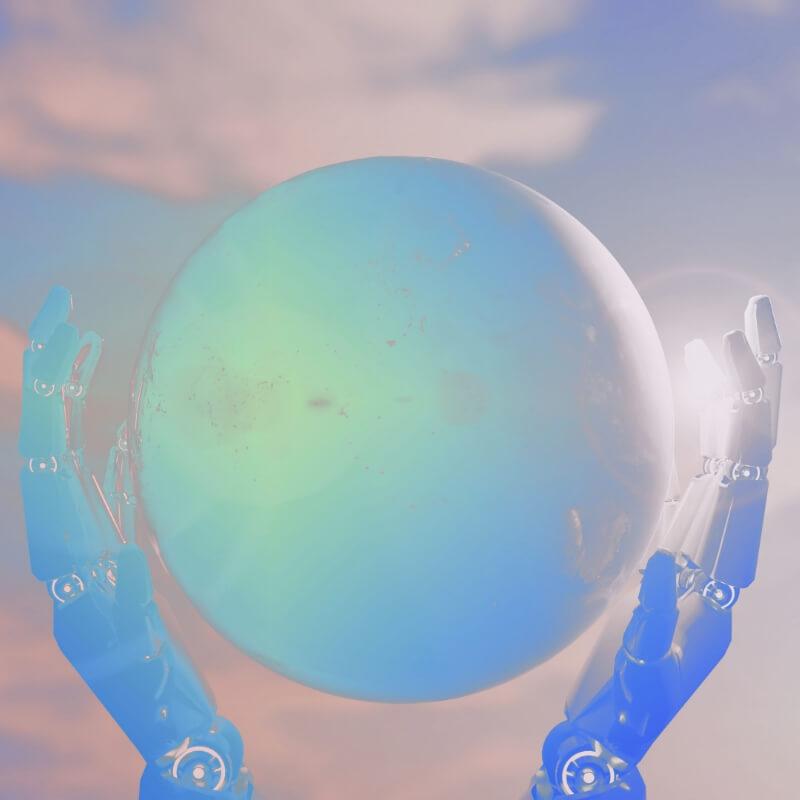 Colorized image of sphere with robot hands
