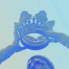 Colorized image of statue holding crown over head