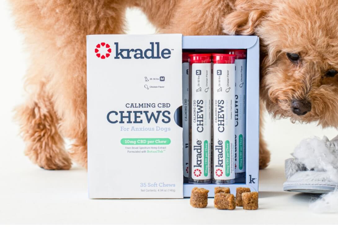 Dog next to box of Kradle calming chews