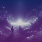 Dark social concept image. Purple and blue duotone image of a person in the clouds at night holding a mobile device