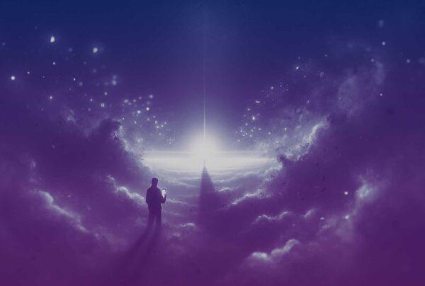 Dark social concept image. Purple and blue duotone image of a person in the clouds at night holding a mobile device