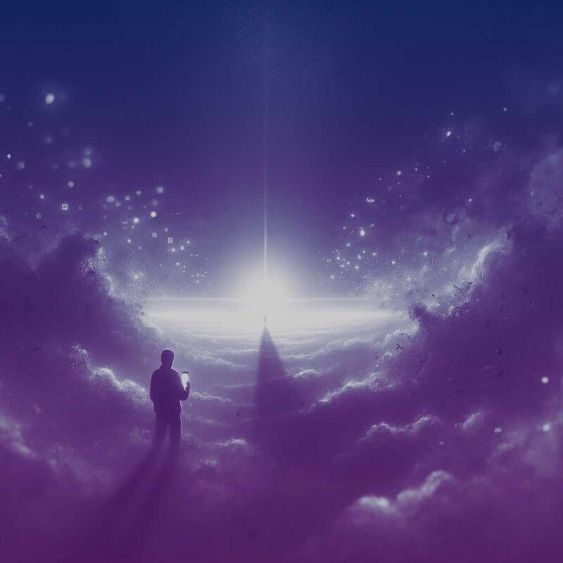 Dark social concept image. Purple and blue duotone image of a person in the clouds at night holding a mobile device