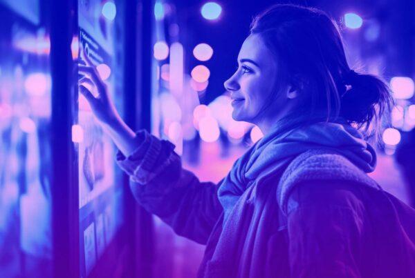 Blue and purple duotone image of a young woman interacting with a digital out of home advertisement outside in urban environment at night