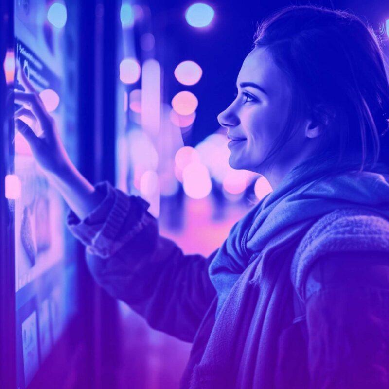 Blue and purple duotone image of a young woman interacting with a digital out of home advertisement outside in urban environment at night