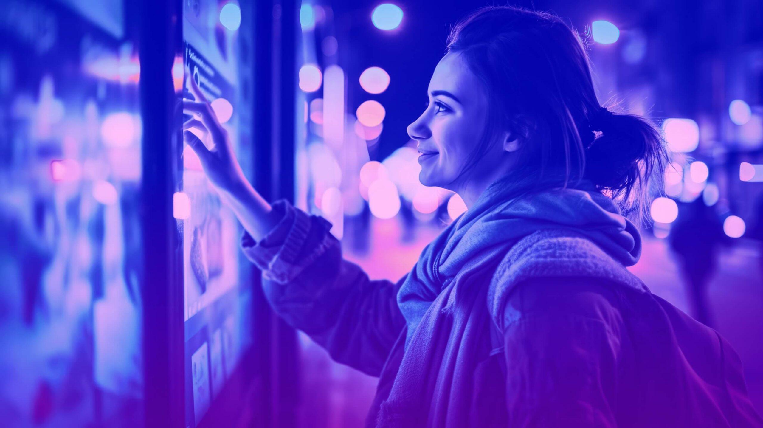 Blue and purple duotone image of a young woman interacting with a digital out of home advertisement outside in urban environment at night