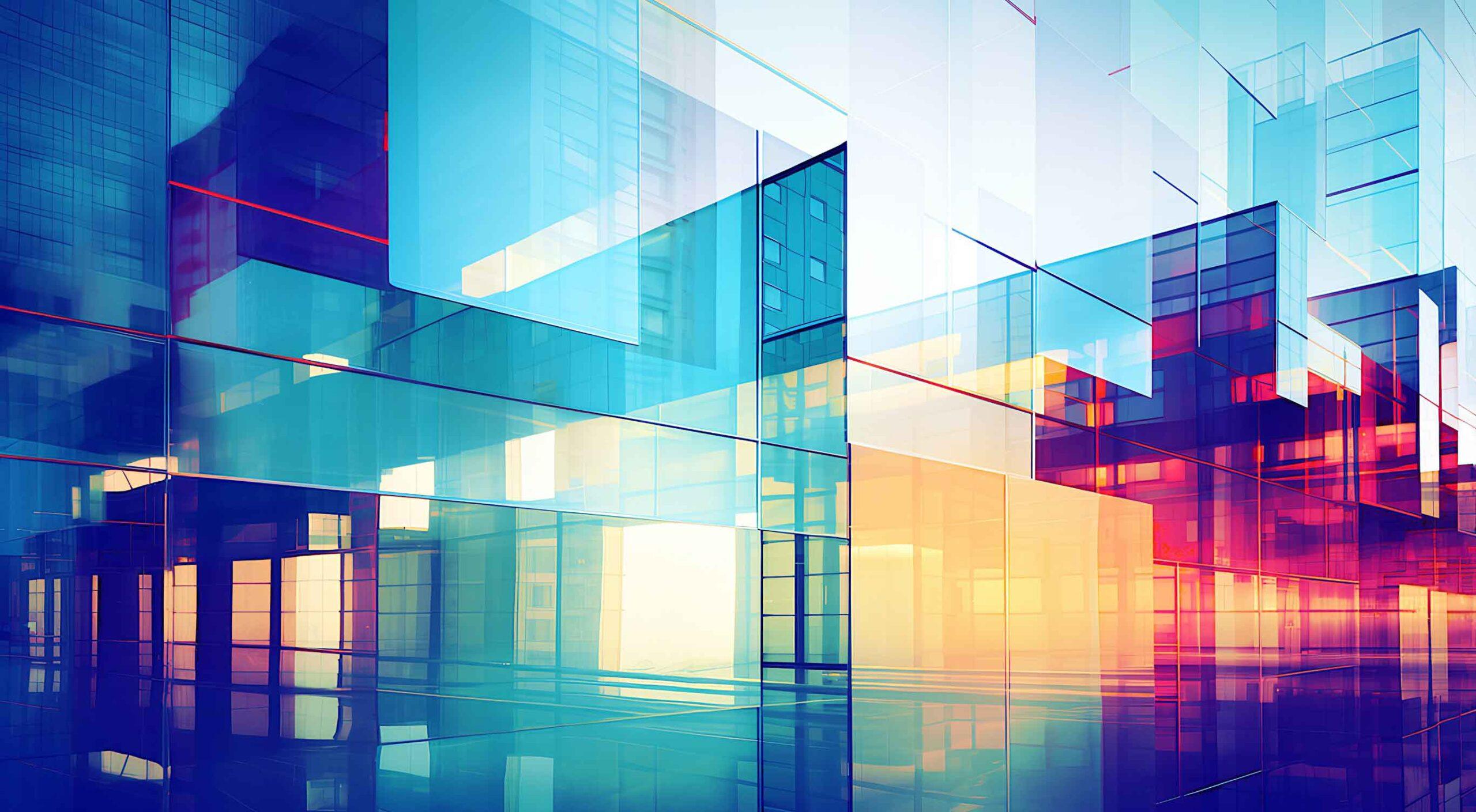 Abstract digital artwork of geometric glass structures in vibrant blue, orange, and pink hues, reflecting and refracting light to create a modern, futuristic cityscape effect.