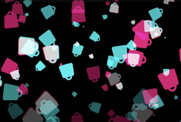 A digital abstract image featuring multiple overlapping shopping bag icons in shades of pink, cyan, and white against a black background. The bags vary in size and opacity, creating a dynamic and layered visual effect.