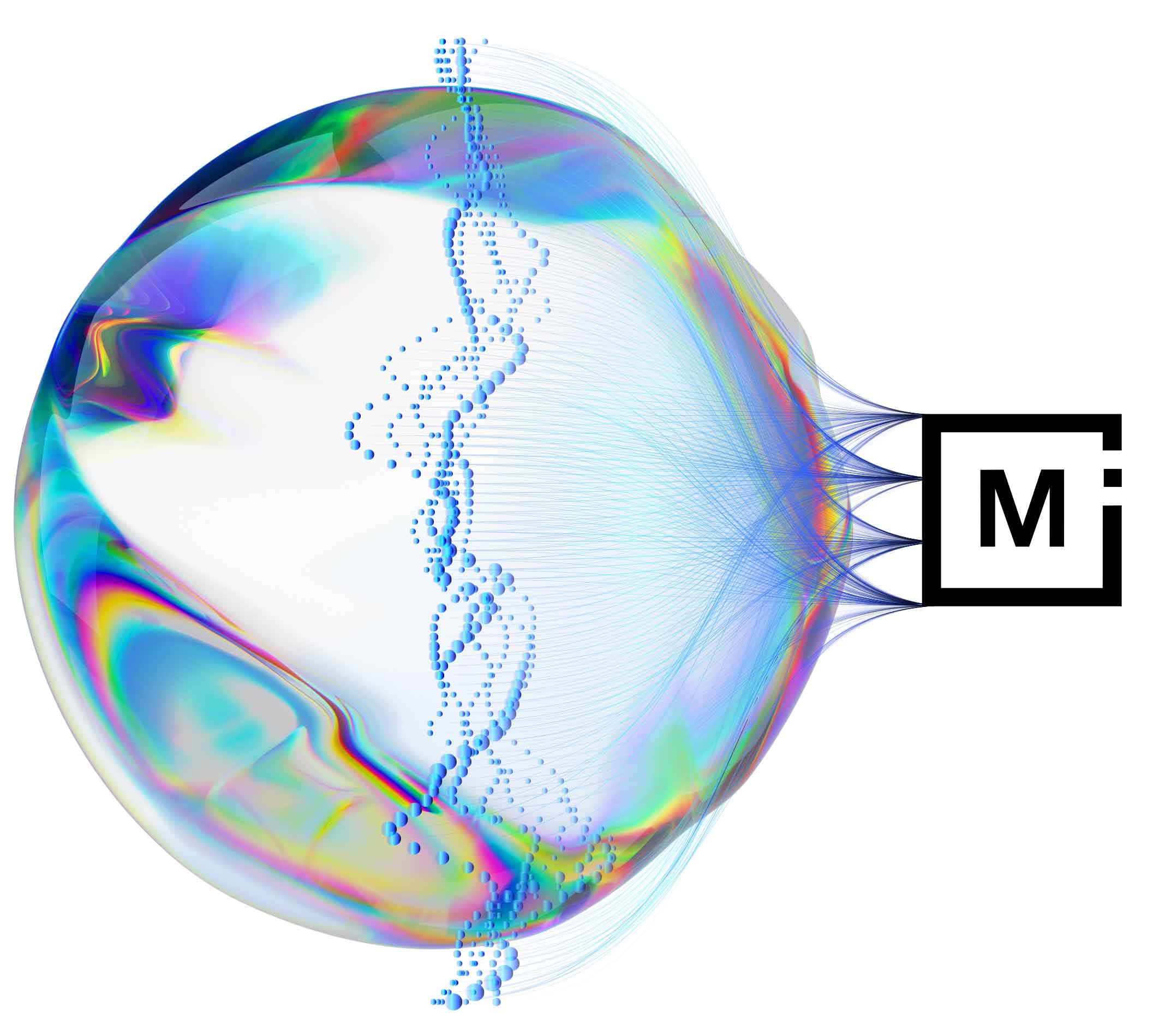 A colorful, iridescent sphere with a blue DNA strand emerging from its center, connecting to a bold black M logo on the right via flowing blue lines, all on a white background.