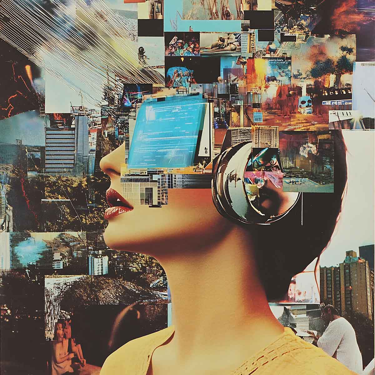 A person with headphones is shown in profile, overlaid with various digital screens and city images, symbolizing information overload and technology merging with human experience.