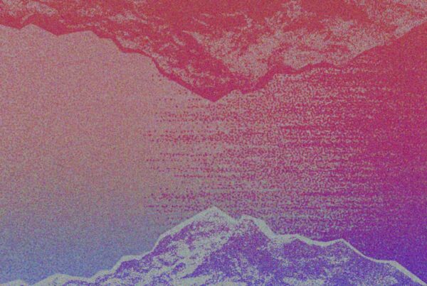 A digital artwork features stylized mountain peaks with a grainy texture. The top mountain is red-pink, while the bottom one fades from blue to purple, set against a gradient background blending red and purple tones.