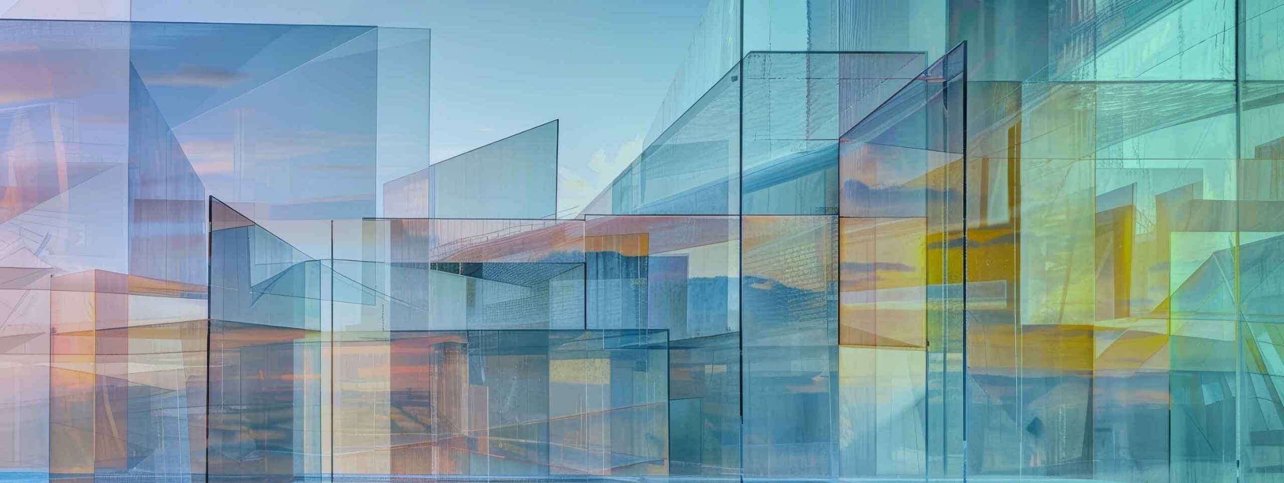 Abstract image of overlapping transparent geometric shapes in blue, yellow, and orange tones evokes modern glass buildings reflecting a cloudy sky—perfect for in-between days advertising with its fresh, contemporary appeal.