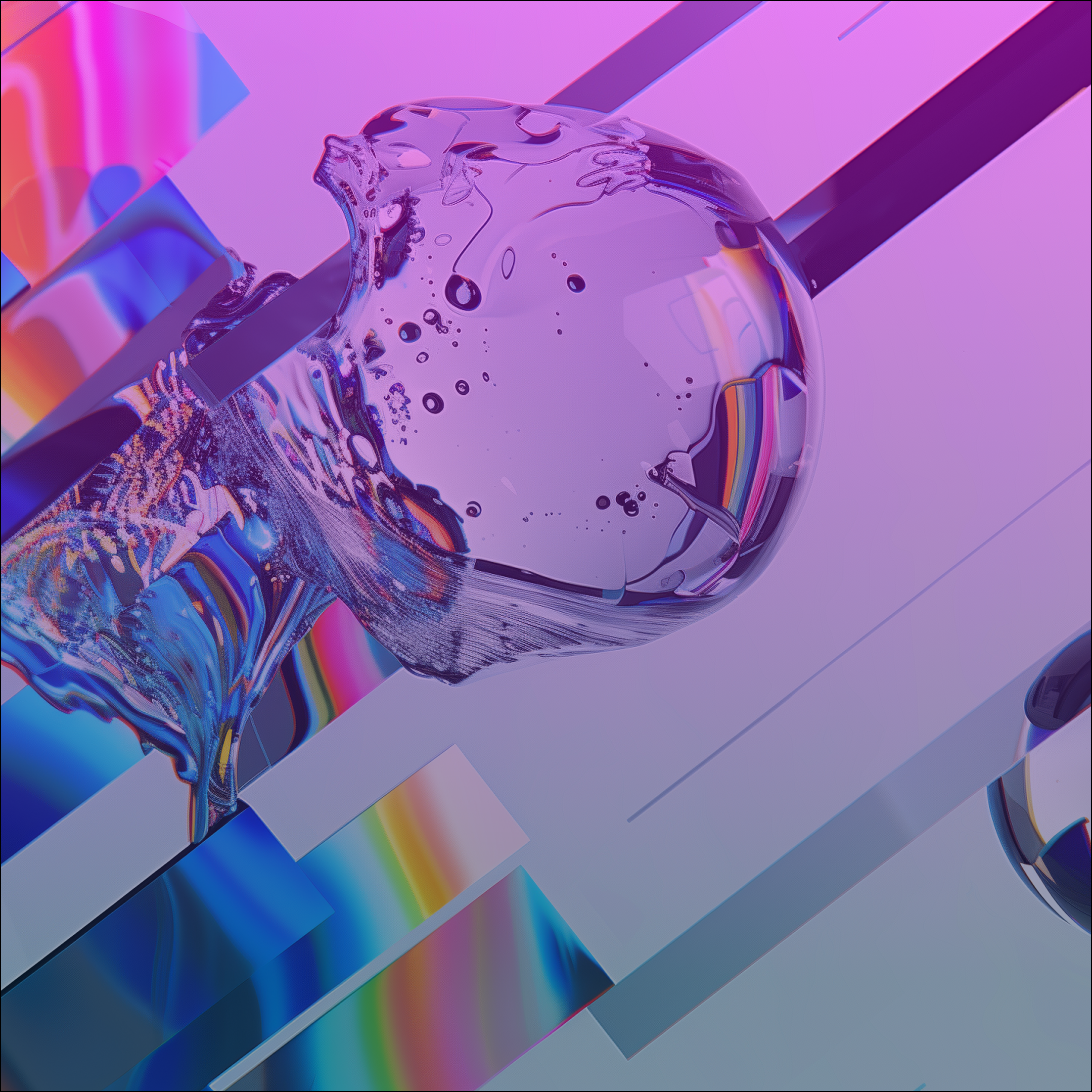 A vibrant, abstract image featuring a glass-like sphere with flowing liquid textures. The background bursts with diagonal, colorful light streaks in pink, blue, and purple hues, employing Gen Z-inspired energy for a dynamic, futuristic feel.