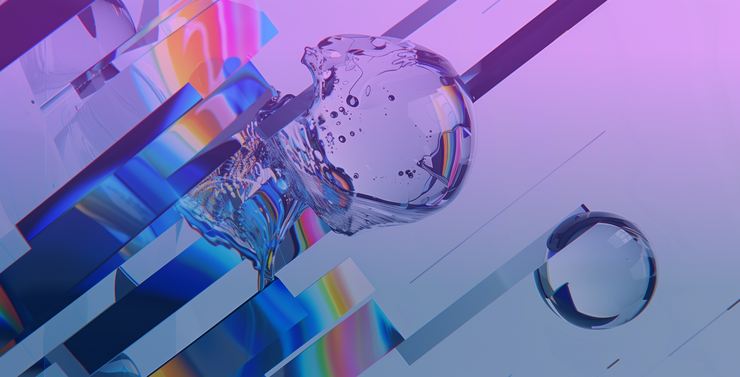 A digital abstract image, employing Gen Z aesthetics, features a clear glass-like sphere with bubbles, rainbow light reflections, and geometric shapes set against a purple and blue gradient background.