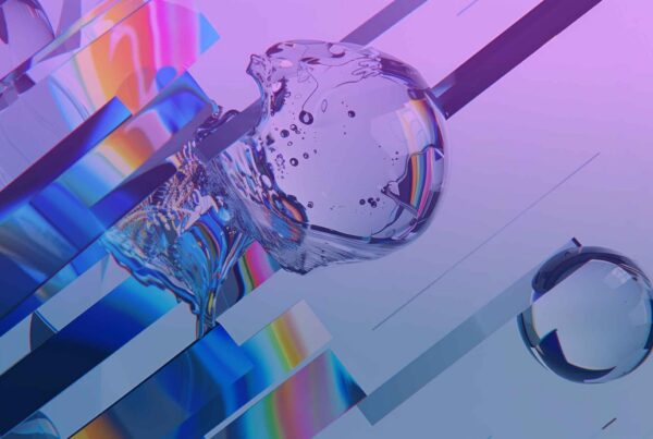 Abstract digital artwork featuring transparent 3D shapes and spheres with rainbow reflections, set against a soft purple and blue gradient background with diagonal lines and light effects—perfect for illustrating concepts like SEO for AI answer engines.