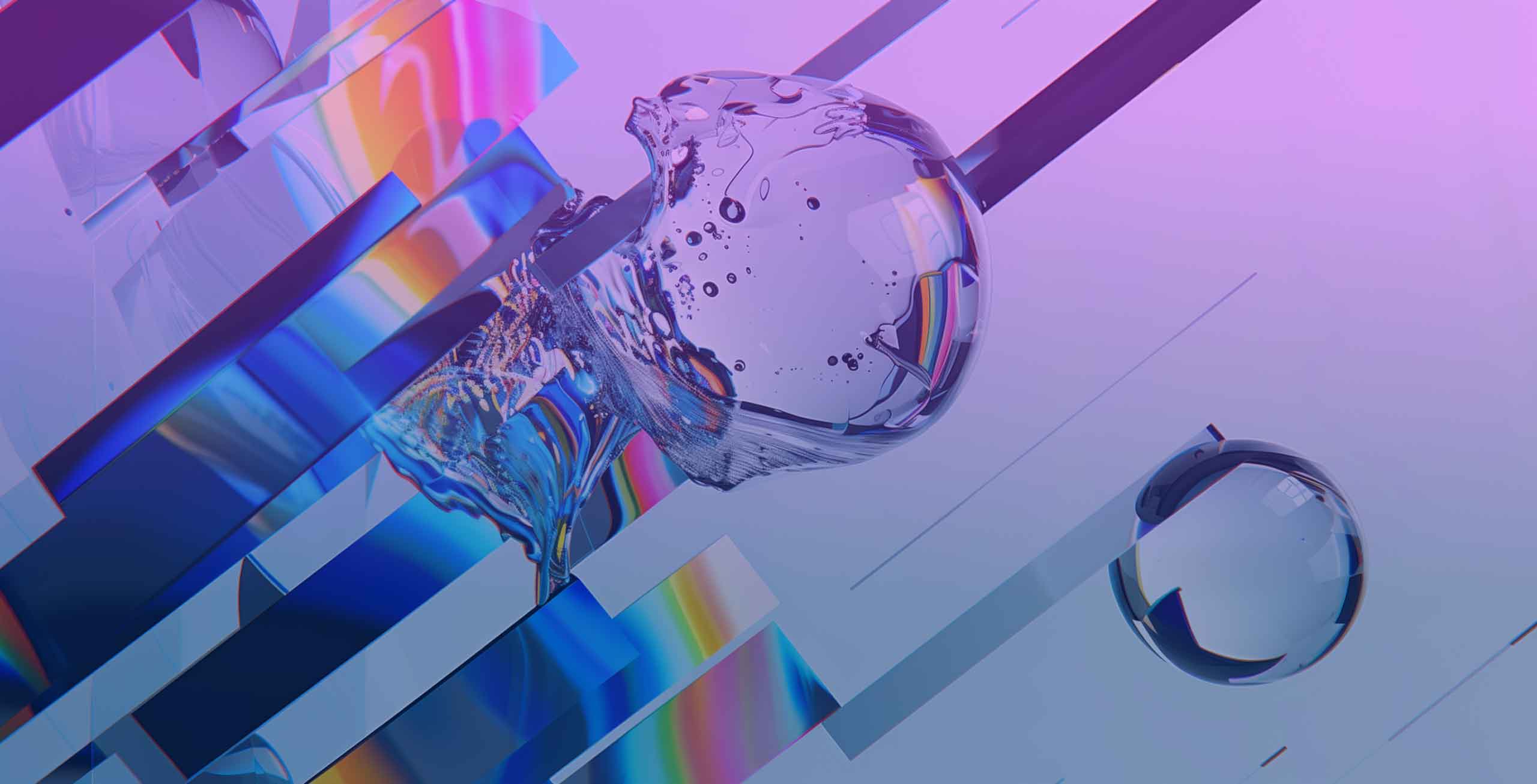 Abstract digital artwork featuring transparent 3D shapes and spheres with rainbow reflections, set against a soft purple and blue gradient background with diagonal lines and light effects—perfect for illustrating concepts like SEO for AI answer engines.