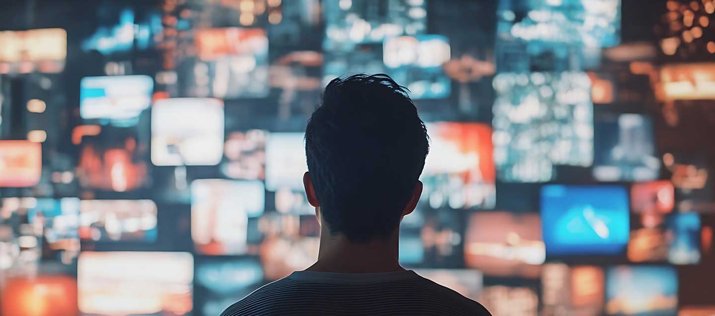 A person seen from behind looks at a large wall filled with illuminated screens, each displaying vibrant images and videos, illustrating a dynamic digital environment—perfect for exploring innovations like SEO for AI answer engines.