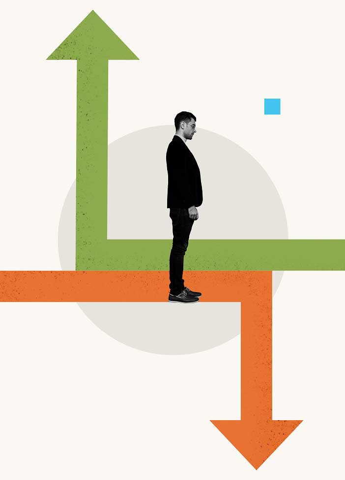 A man in a suit stands at the intersection of two large arrows, one green pointing up and one orange pointing right and down, symbolizing choices in SEO for AI answer engines, with a small blue square floating nearby.