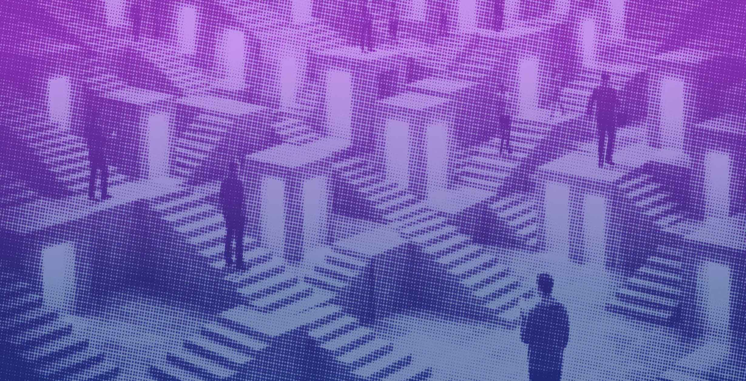 Silhouettes of people stand on platforms connected by staircases, creating a surreal, maze-like scene reminiscent of navigating SEO for AI answer engines, with a purple and blue gradient overlay and a digital, patterned texture.