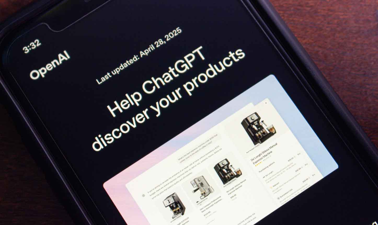 Close-up of a smartphone screen displaying a message from OpenAI: “Help ChatGPT discover your products with SEO for AI answer engines,” showing an April 28, 2025 update date and images of product listings beneath the text.