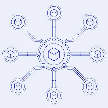 A central cube icon connects by lines to eight surrounding cubes, symbolizing a network or blockchain—ideal for concepts like SEO for AI answer engines. The minimalistic design uses blue lines on a light background.