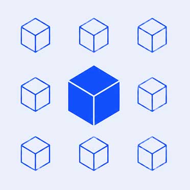 A central solid blue cube is surrounded by eight outlined cubes, evenly spaced, on a light gray background, representing the interconnected structure of SEO for AI answer engines.