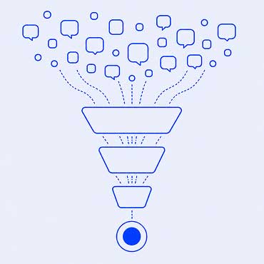 A simple illustration of a funnel with speech bubbles entering the top, narrowing down through several stages, and emerging as a single solid blue circle at the bottom—depicting SEO for AI answer engines streamlining diverse queries into one precise result.