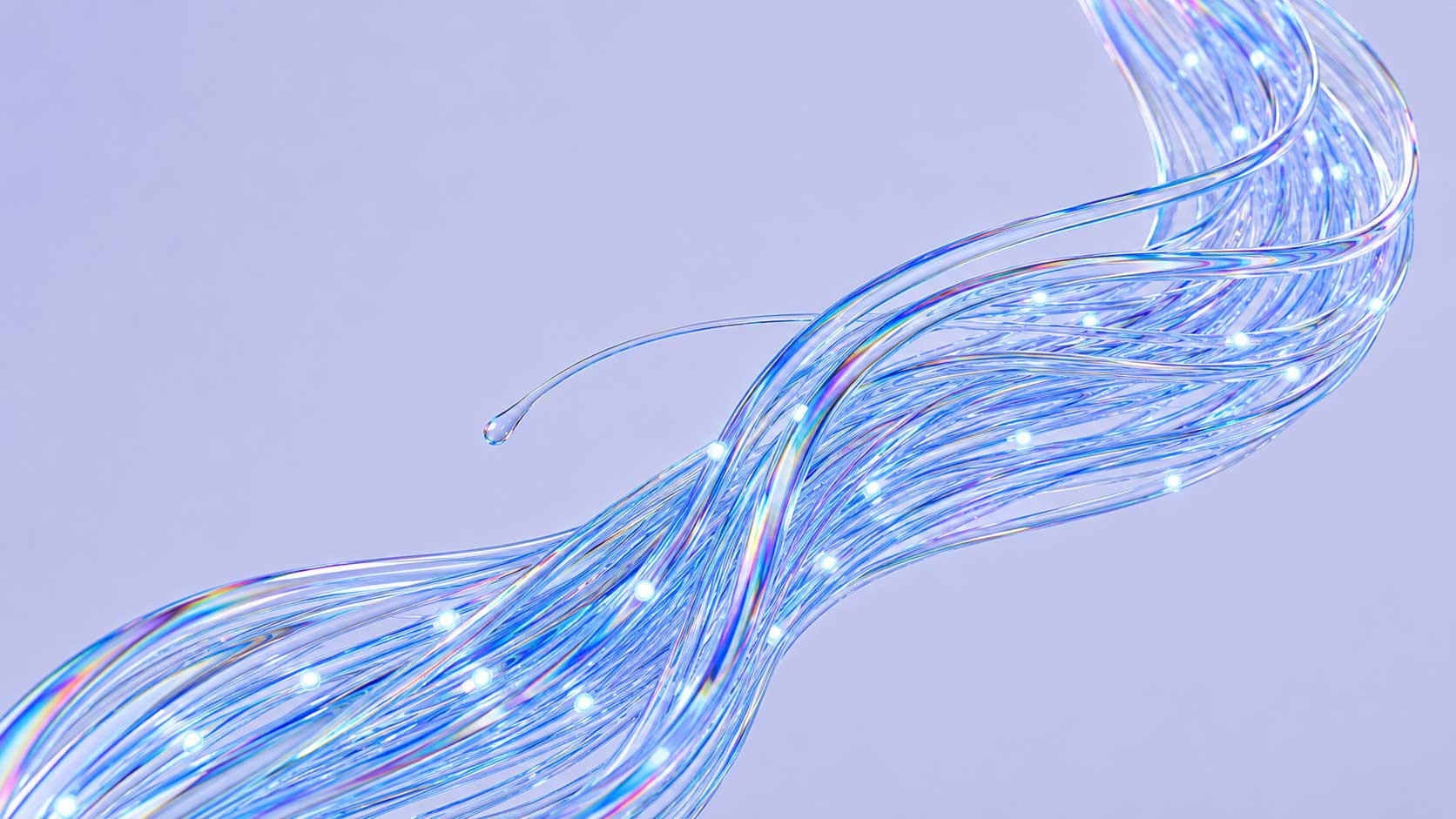 A bundle of glowing, translucent fiber optic cables curves against a light purple background, emitting blue and white light points along their strands—evoking the seamless connectivity and innovation powering agentic commerce for brands.