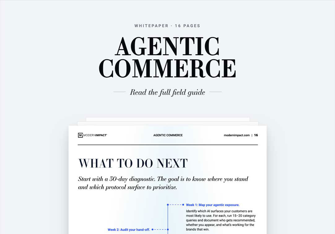 A whitepaper titled Agentic Commerce is shown. The visible section lists “What To Do Next” with bullet points about a 50-day diagnostic and mapping exposure, with sleek, modern design elements.